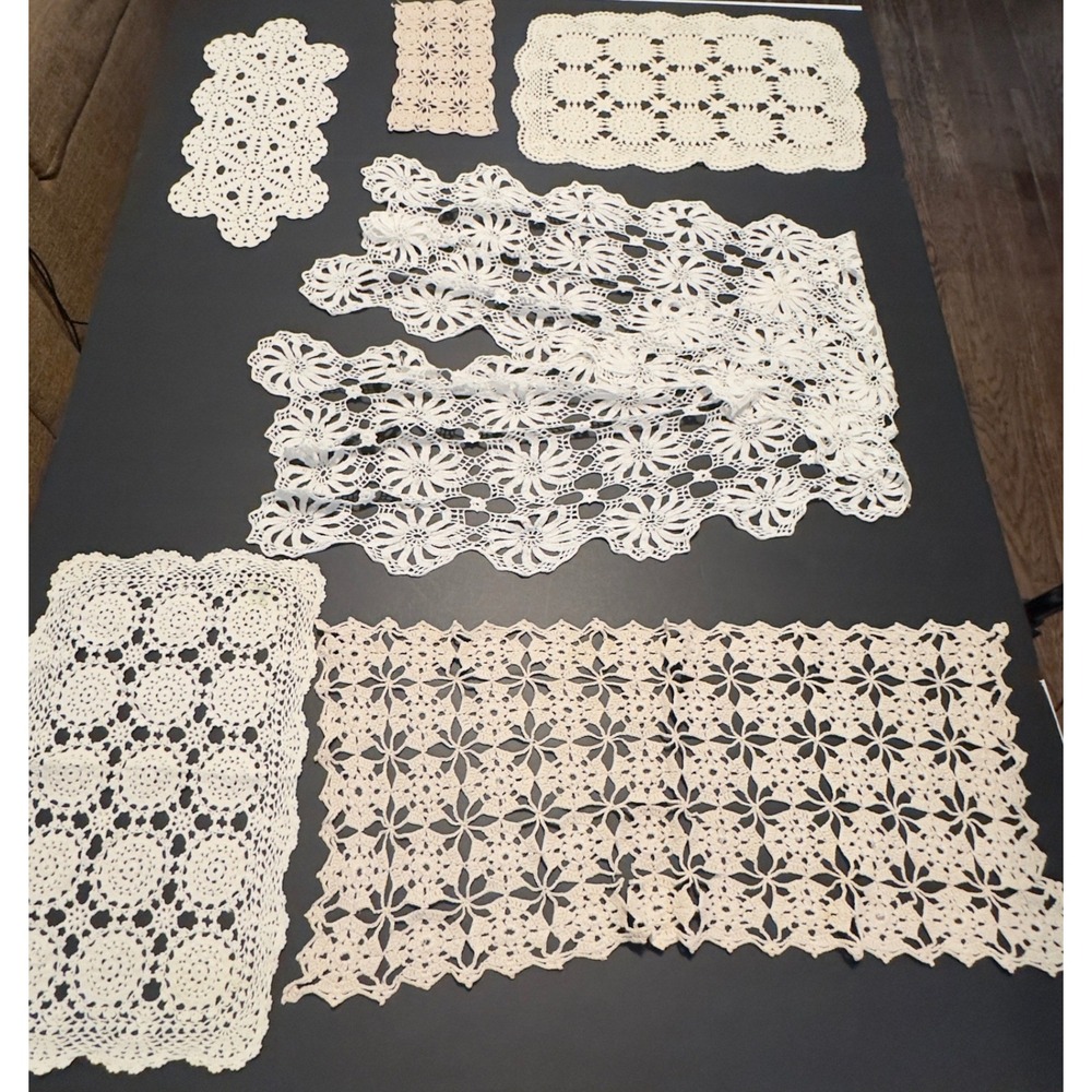 Vintage Crochet Doilies Table Runners White Cream Lace Lot 6pc Cottagecore Chic